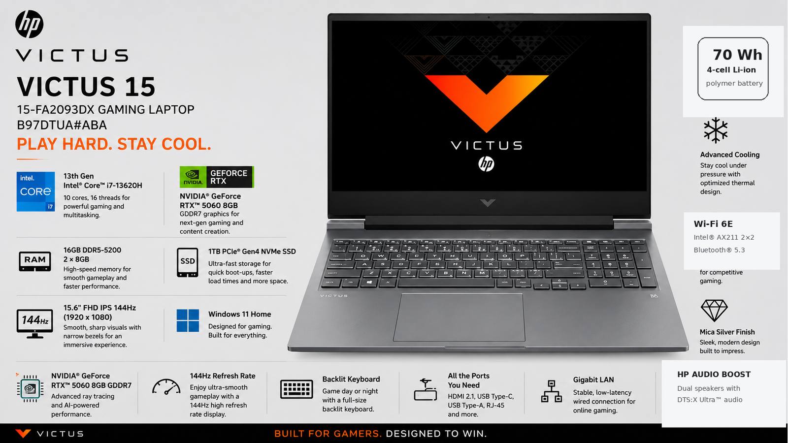 HP Victus 15-fa2093dx Gaming Laptop, Intel Core i7-13620H, 16GB DDR5-5200, 1TB PCIe Gen4 SSD, 15.6-inch FHD IPS 144Hz, NVIDIA GeForce RTX 5060 8GB GDDR7, Windows 11 Home, Mica Silver with Warranty | B97DTUA#ABA
